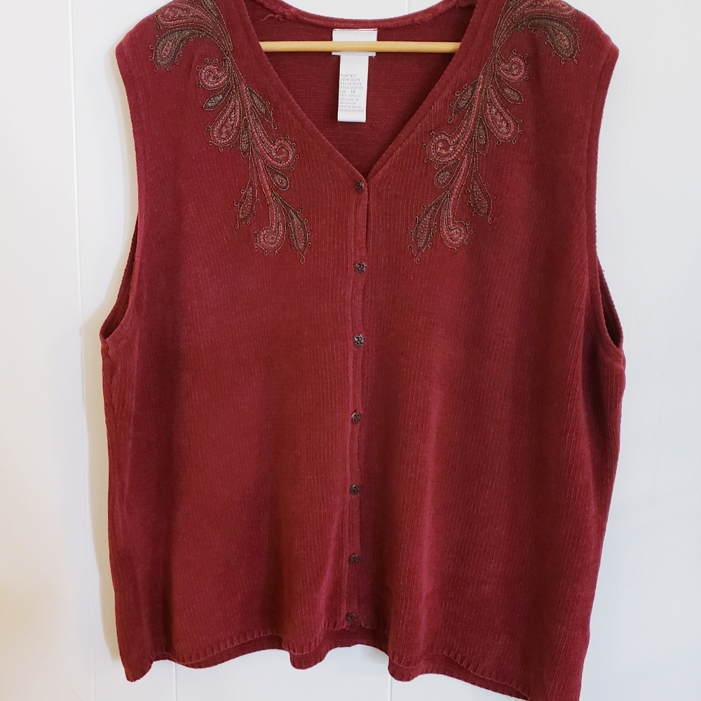 Koret Women Sweater Vest Size 1X Deep Red Rust Chenille Floral stitching edge - Picture 2 of 9